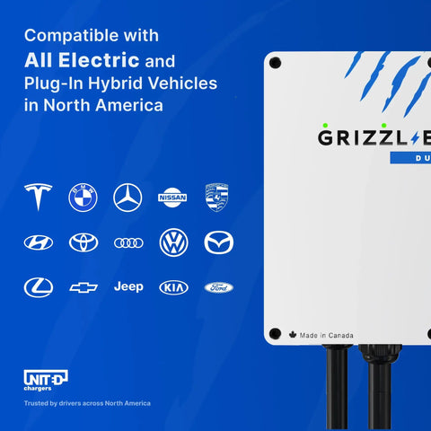 Duo Connect 40 Amp Level 2 EV Charger with logos of compatible vehicle brands, showcasing compatibility in North America.