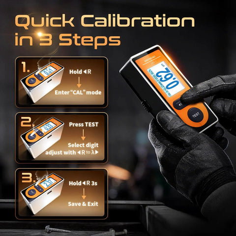 Portable Surface Roughness Tester With Handheld Stylus Profilometer for Pro Grade QA, shown with calibration steps on display.