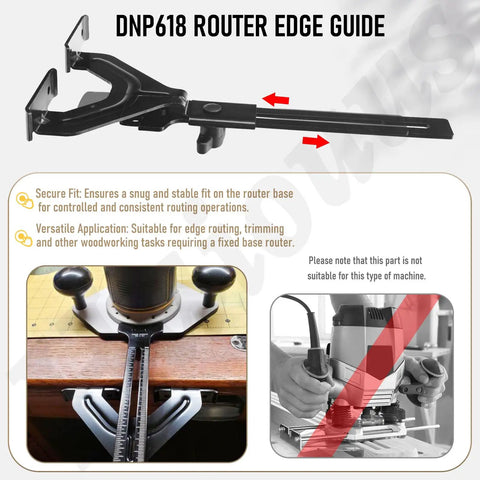 Slick Adjustable Edge Guide For Fixed Base Compact Router With Quick Swap Mount and Dual Scale Markers for precise edging on a woodworking table.