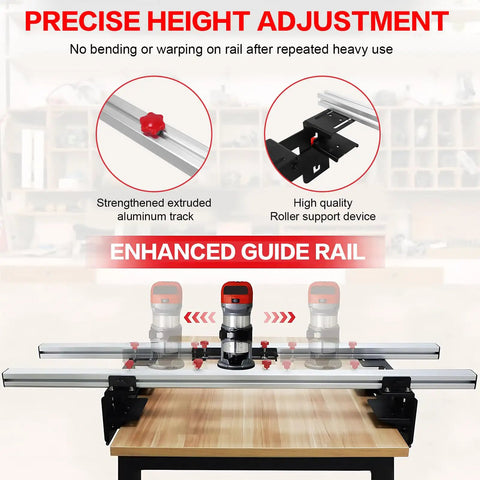 48-Inch Precision Planer Trolley Kit with reinforced rails and router flattening sled system on a workbench showing height adjustment