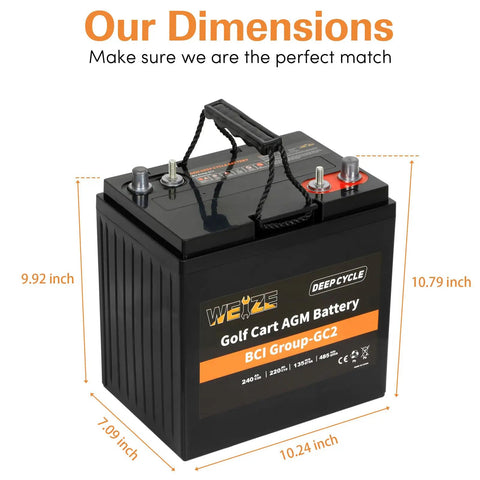 Rock Solid Gc2 6V 240Ah Deep Cycle AGM Gel Battery For Golf Carts Scissor Lifts And Scrubber Sweepers With Heavy Duty Sae Terminals and dimensions.