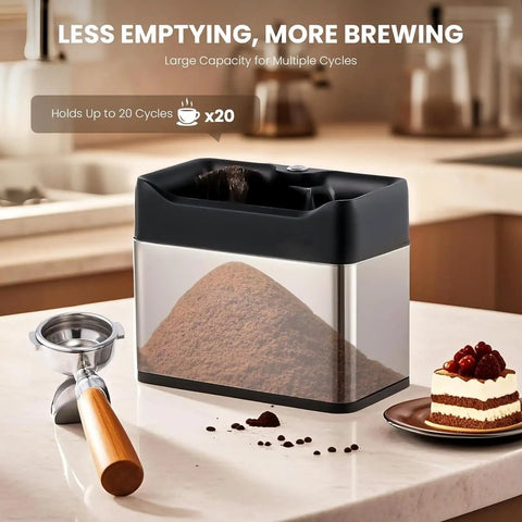 Electric Espresso Portafilter Cleaner With Knock Box And Dual Spin Brushes For Lightning Fast One Hand Cleanup splatter-free gear with coffee grounds.