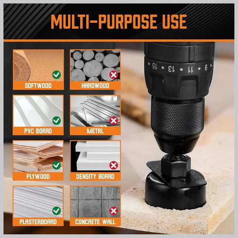 HORUSDY 24-piece hole saw kit; drill in view; icons show softwood, plywood, PVC board, plasterboard compatibility.