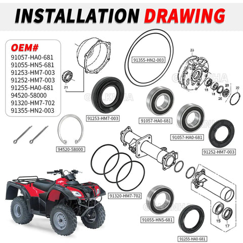 Backyard Built Tough Rear Axle Brake Drum Bearing And Seal Rebuild Kit For Honda Atv Rancher 350 400 Rubicon 500 Foreman 450 installation drawing with components outlined.