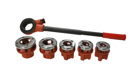 Manual Pipe Threading Tool NPT Die Set With 5 Interchangeable Dies 3/8 Inch 1/2 Inch 3/4 Inch 1 Inch And 1-1/4 Inch, Forward And Reversible Ratchet Head On A 20 Inch Handle, Plastic Dipped Grips, Perfect For DIY Home Plumbing