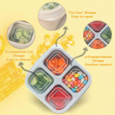 Six Pack Snack Containers With Four Compartment Divided Design for meal prep, showing snacks like vegetables and candies, leak resistant.