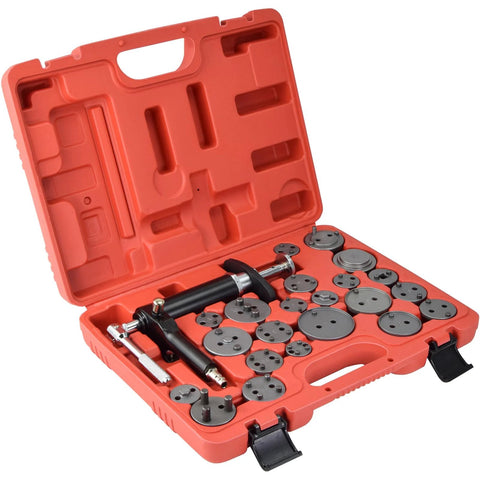 Pneumatic brake caliper tool kit in orange case with assorted discs and spreaders