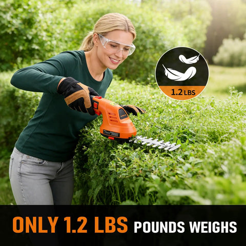 Woman using Cordless 2 In 1 Hedge Trimmer And Grass Cutter Lightweight Handheld Tool with Rotatable Handle in garden