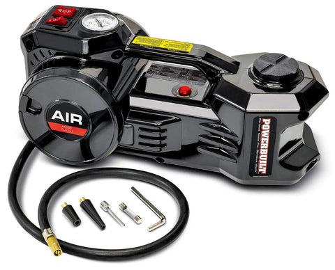 Heavy Duty Electric Floor Jack And Quick Fill Tire Inflator Pump Combo features a compact design with hose and accessories for repairs.