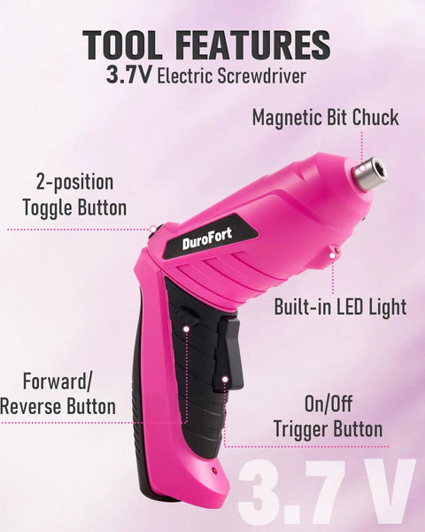 Cordless Electric Screwdriver Set With LED Light And Flexible Shaft, featuring 2-position handle and 3.7V power, pink design