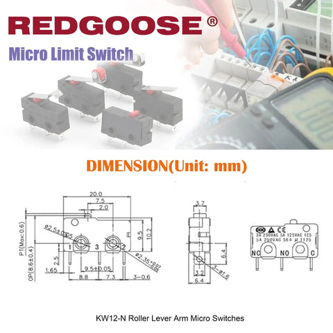 Diagram and photo of 30 Pack KW12 Micro Limit Switches Kit SPDT 1NO 1NC 250VAC 5A with KW12A KW12B KW12N Lever Arm Switches