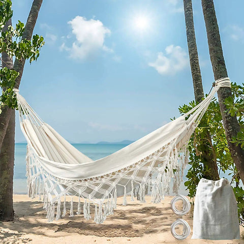 Double Outdoor Cotton Hammock With Fringes For Two Adults Perfect For Beach Or Patio Chill Sessions Camping Or Travel 58 Inch Wide