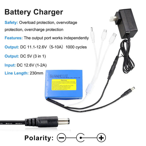 Go-To 12V 5200mAh Rechargeable Lithium Battery Pack With Charger And DC5521 Connector, cables, and charger unit displayed
