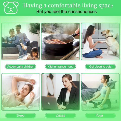 Image showing scenarios like family time, cooking, pet interaction, sleeping, working, and yoga emphasizing indoor air quality.