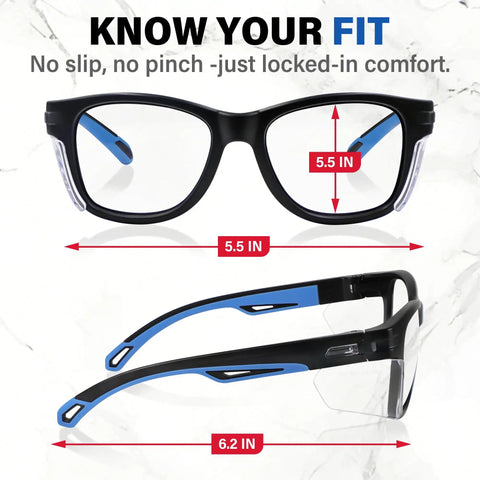 Clear Anti Fog Scratch Resistant Safety Glasses With Side Shields And Uv Protection Built For Jobsite Hustle And Shop Floor Grind Lightweight Impact Resistant Eyewear For Construction Pros, showing dimensions of 5.5in lenses and 6.2in arms.