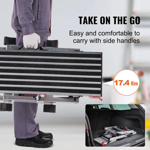 Beast Mode Foldable Aluminum Work Platform Drywall Stool Ladder Heavy Duty Workbench Non Slip Base Six Hundred Pound Capacity carried with ease using side handles.