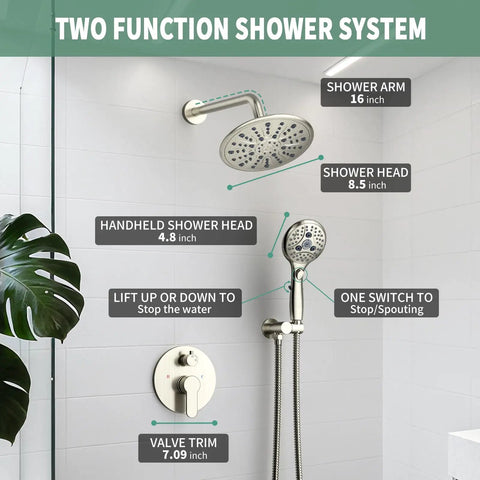 Rainfall Shower System With 7-Setting Handheld, Full Bathroom Faucet Set, Brushed Nickel, including valve and trim kit.