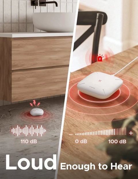 Smart WiFi Water Leak Alarm System With Three Detectors And Base Station Real Time Heads Up Phone Alerts 1700 Ft Transmission Range For Kitchen Basement Bathroom Works With 2.4 GHz WiFi Easy Setup No Drama Peace Of Mind loud alert in kitchen