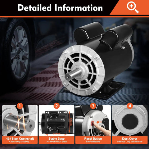 Heavy Duty 5HP Electric Air Compressor Motor With 2.36 Inch Shaft Length And 7/8 Inch Bore featuring black and silver design with steel crankshaft.