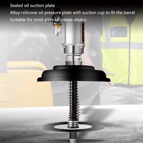 Sealed oil suction plate for No Fuss 5 Gallon Drum Pneumatic Grease Pump with 80 To 1 Pressure Ratio and Universal Injection Tip.