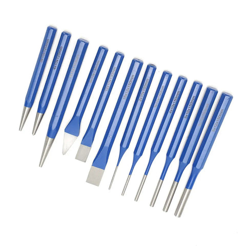 12-Piece Chisel and Punch Kit for DIY Projects, Pro-Grade Chrome Steel Tools with blue handles in various shapes
