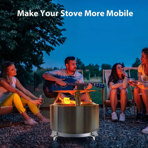 Premium 55 Gallon Drum Dolly Cart 1000 Lb Capacity with fire pit, casting flames, and friends enjoying outdoors.