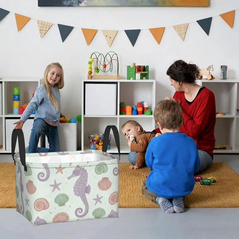 Large Rectangular Storage Basket For Organizing Home Clutter, Waterproof Fabric Bin With Trendy Pattern, Collapsible Laundry Hamper in playroom.