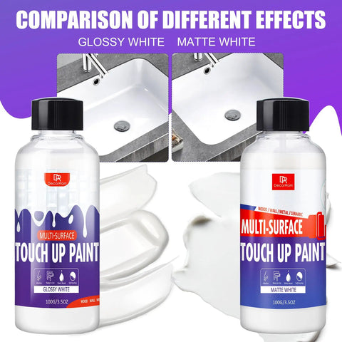 Comparison of glossy and matte finish using White Touch Up Paint Pen 7oz Multi Surface Quick Dry Repair for Walls Doors Cabinets Wood Furniture Bathtubs Tiles and Radiators Easy DIY Fix Dries Fast in Two Hours Per Layer Fully Cures in 24 Hours Glossy or Matte Finish