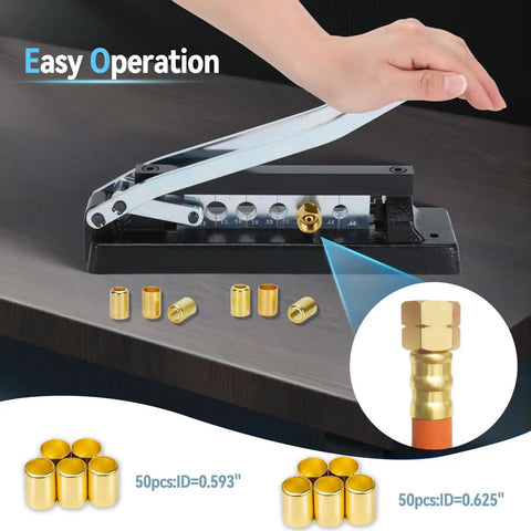 Heavy Duty Ferrule Crimping Tool For Air Hose Repair Kit With Five Dies And 100 Ferrules showing crimped hose and brass fittings