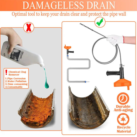 Comparison of drain cleaning methods, featuring liquid clog remover on left and Heavy Duty 33 Foot Drain Snake Auger with flexible cable on right.