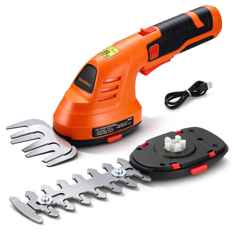 Cordless 2 In 1 Hedge Trimmer And Grass Cutter Lightweight Handheld Tool With Rotatable Handle 8V Rechargeable Battery displayed