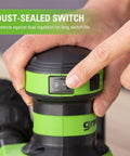 Close-up of the dust-sealed switch on a Cordless 24V 5-Inch Random Orbital Sander Kit With Variable Speed, 2Ah Battery And Charger Included