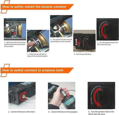 Instructions for Dual Fuel Camping Stove With Wind Blocker 10000 BTU Portable Propane Or Butane Stove Auto Ignition setup