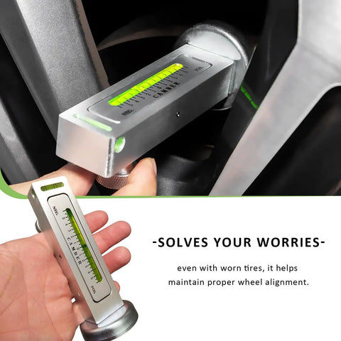 Heavy Duty Magnetic Camber Gauge Tool With Built In Green Bubble Level For Straightening Wheel Angles and Tweaking Rig Setup On Trucks SUVs and Daily Rides, shown measuring wheel angle.