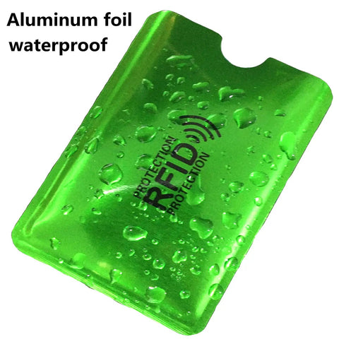 RFID Blocking Credit Card Sleeves Set With 24 Pack In 12 Colors And 4 Passport Protectors Identity Theft Protection shown in green waterproof sleeve