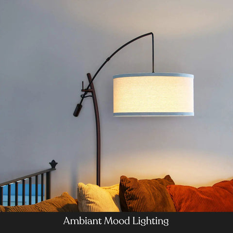 Arc Floor Lamp With Linen Shade Sleek Bronze Finish Adjustable Arm For Living Room Office Reading Over Sofa Industrial Style Lighting