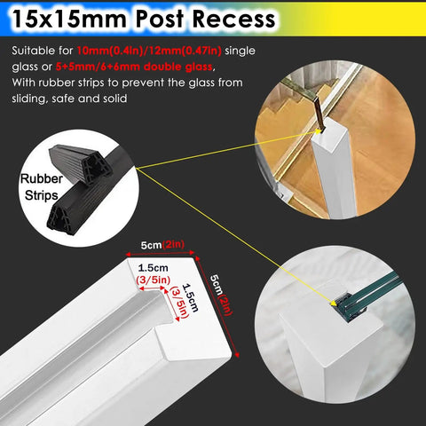 Modern Glass Railing Kit With Slick Stainless Steel Posts For Indoor Outdoor Stairs Decks 150cm Privacy Panels showing 15x15mm post recess and rubber strips for secure glass fitting.
