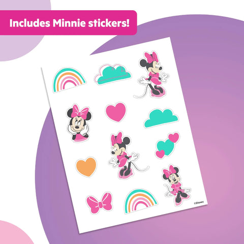 Super Sweet Disney Minnie Mouse Toddler Potty Training Toilet With Real Flush And Cheer Sounds Lickety Split Floor To Chair Transition Removable Splash Guard Tough Grab Handles Smooth Learning For Kiddos 18 Months Plus sticker sheet featuring Minnie Mouse, hearts, and rainbows.