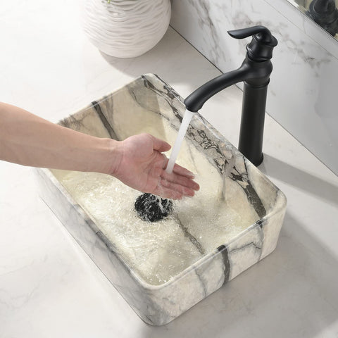 16 X 12 Inch Black And White Marble Vessel Sink And Faucet Combo For Modern Bathrooms Durable Porcelain Ceramic Vanity Basin