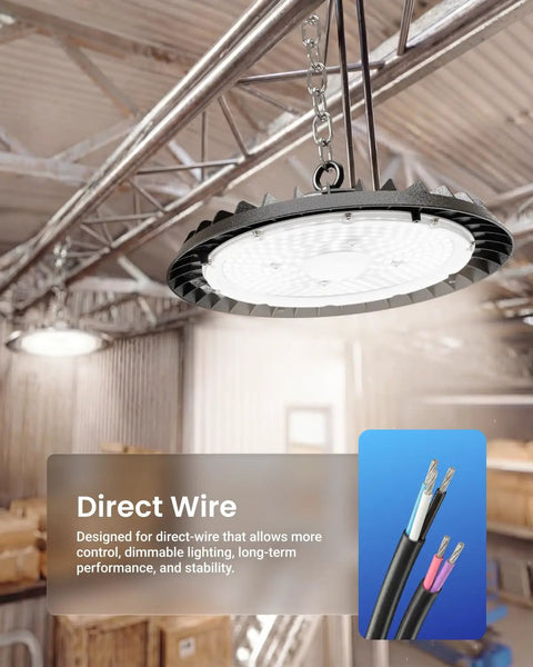 UFO High Bay LED Lights 150W 21,000 Lumen 6000K Daylight White Dimmable Ceiling Shop Lights For Warehouses Workshops And Garages 120-277V UL DLC FCC RoHS Certified 2 Pack mounted in warehouse