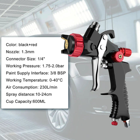 HVLP Spray Gun Kit With Paint Mixing Cup Pro Grade Auto Body Tool, Pressure Gauge, 1.3mm Nozzle shown beside specifications chart