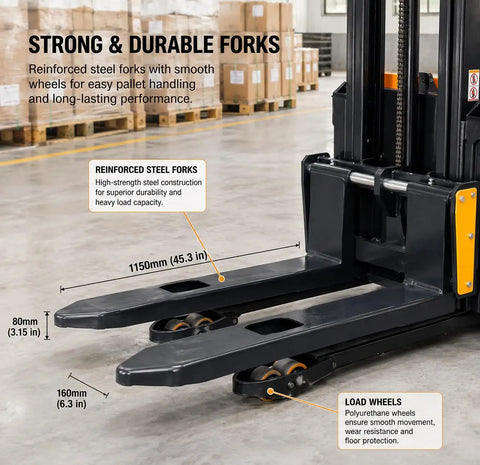 Strong and durable forks of Top Tier Electric Walkie Pallet Stacker With Huge 1500Kg Capacity for easy pallet handling.