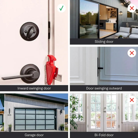 Portable Door Lock Travel Security For Hotels Dorms instant setup on an inward swinging door with red safety latch.