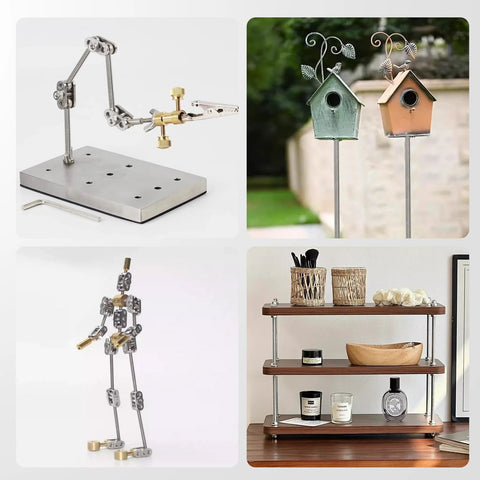 24-piece M3 stainless steel fully threaded rods with nuts, 26mm long, right-hand threads; shown in clamp stand, birdhouse posts, and shelf setup.