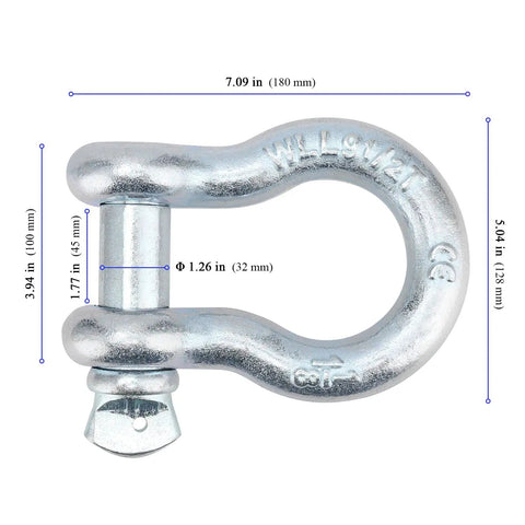 2 Pack 1 Inch D Ring Shackles Heavy Duty Tow And Lift Bow Shackles Carbon Steel Screw Pin Anchor Shackle 19 Ton Break Strength Silver For Tow Lifting Recovery Off Road Vehicle Use Galvanized Finish with dimensions shown