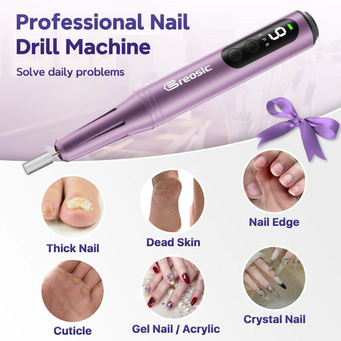 Heavy Duty Electric Nail Drill Kit With Twelve Versatile Bits For Grinding Gel And Acrylic Nails, Slick Purple Frame, close-up of drill with various nail issues.