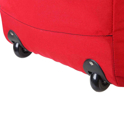 Close-up of robust wheels on a red Arsenal 5005W Large Nylon Rolling Firefighter Rescue Turnout Gear Bag, highlighting durability