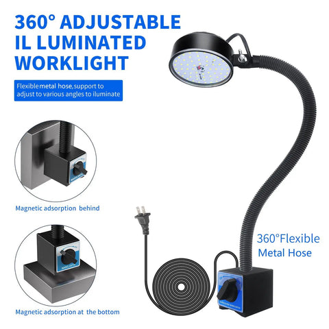 Hella Bright 2000 Lumen Magnetic Work Light With Flexible Arm And Rock Solid Base For Lathes Workbenches And Heavy Duty Premium Industrial Workshops In Black, 360-degree adjustability.