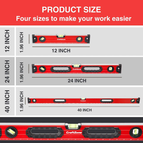 Heavy Duty Magnetic Spirit Level Set Includes 12 24 And 40 Inch Aluminum Bars showing different sizes with bubble vials for precision alignment.