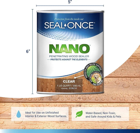 Heavy Duty Clear Wood Sealer And Solid Shield Waterproof Armor For Decks Fences Log Homes And Yard Gear Odorless Blend in quart tin.